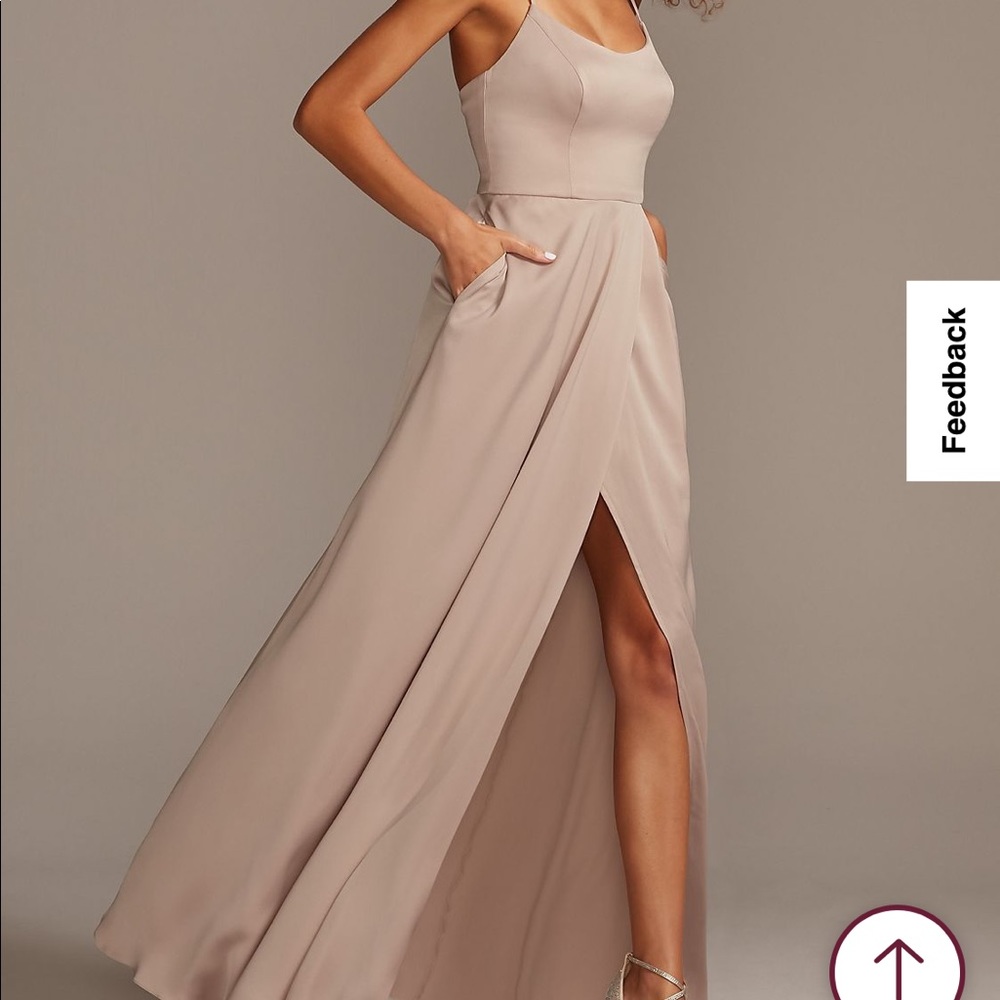 Davids Bridal Crepe-Back Satin Spaghetti Strap Bridesmaid Dress - Biscotti, sz 2